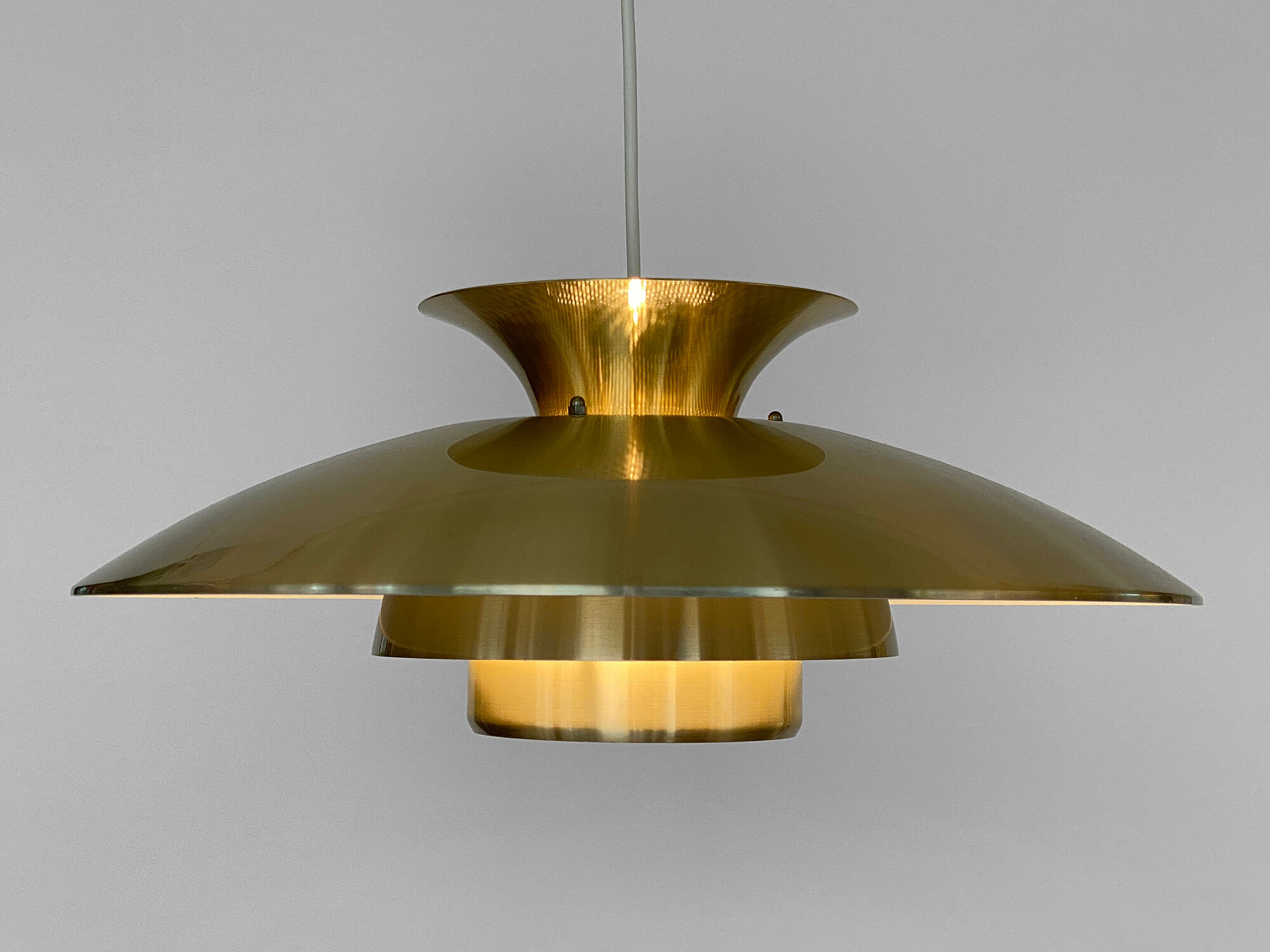 Brushed aluminum pendant light with golden finish, Denmark 1970