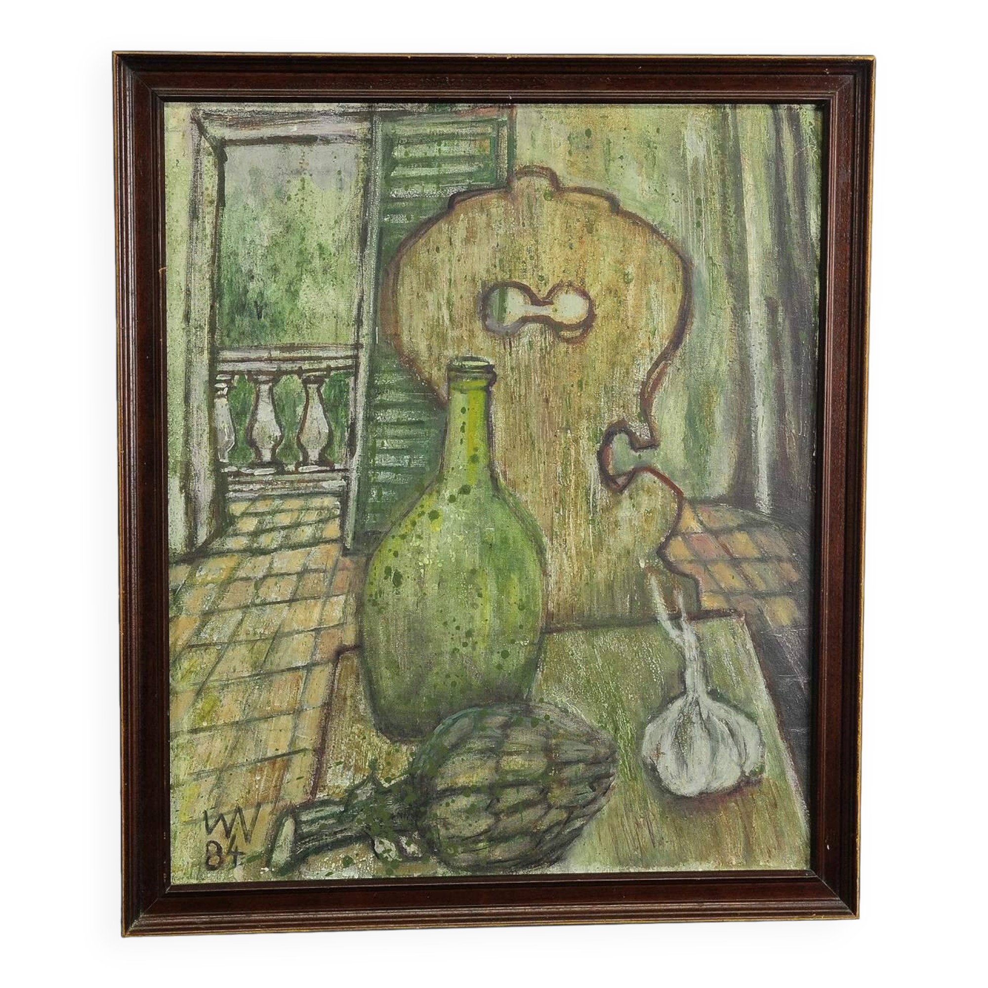 Impressionist oil painting of a still life with a view of the kitchen.