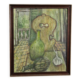 Impressionist oil painting of a still life with a view of the kitchen.