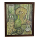 Impressionist oil painting of a still life with a view of the kitchen.