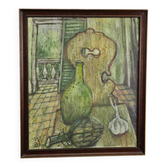 Impressionist oil painting of a still life with a view of the kitchen.