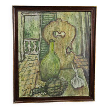 Impressionist oil painting of a still life with a view of the kitchen.