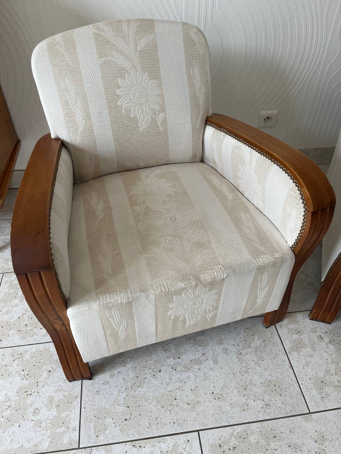 Pair of art deco armchairs in wood and floral fabric
