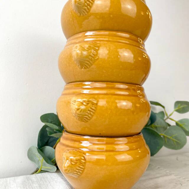 4 lion's head onion soup bowls in vintage ceramic - honey and black, made in France.