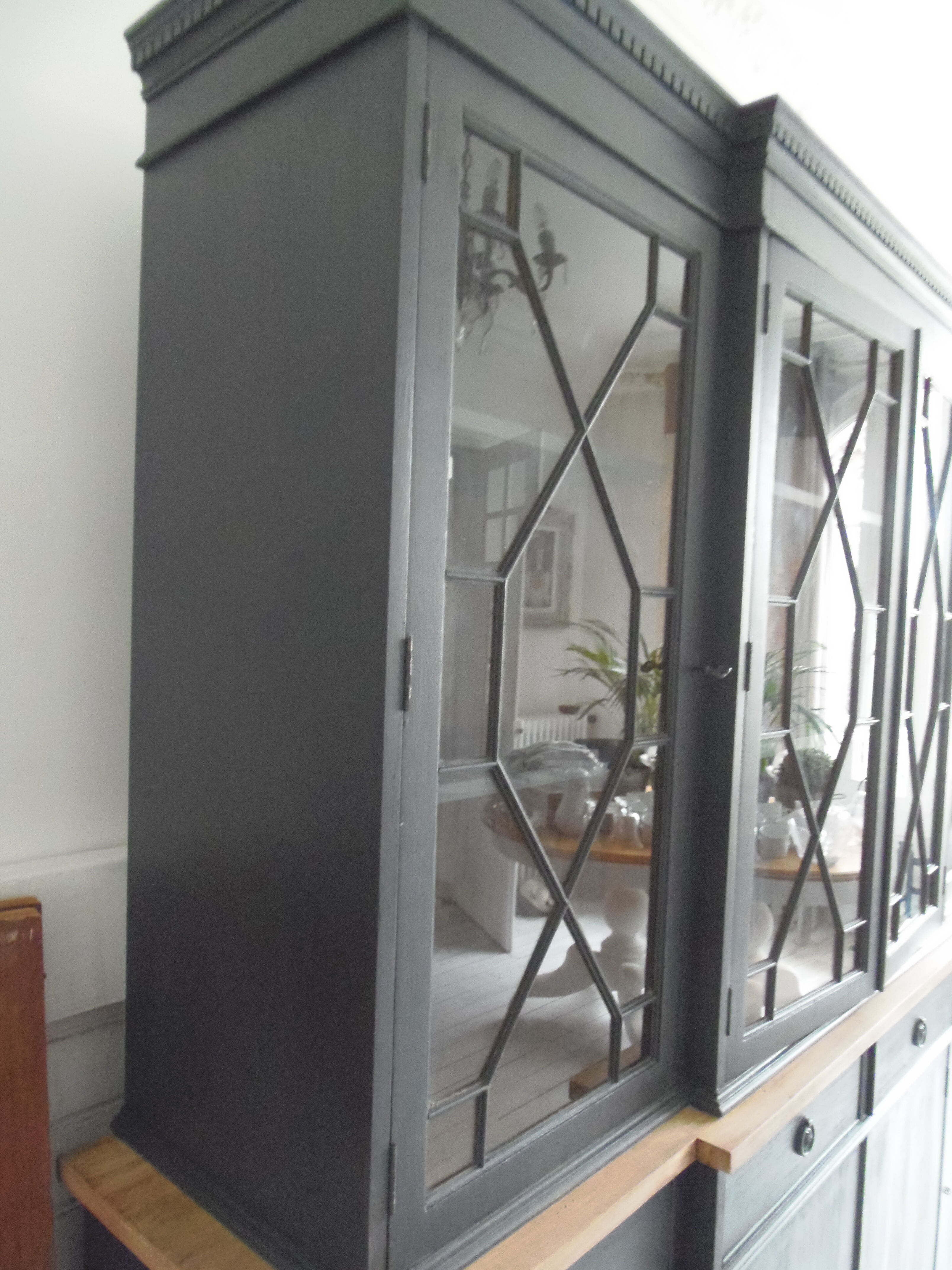 Slate grey china cabinet with wood interior