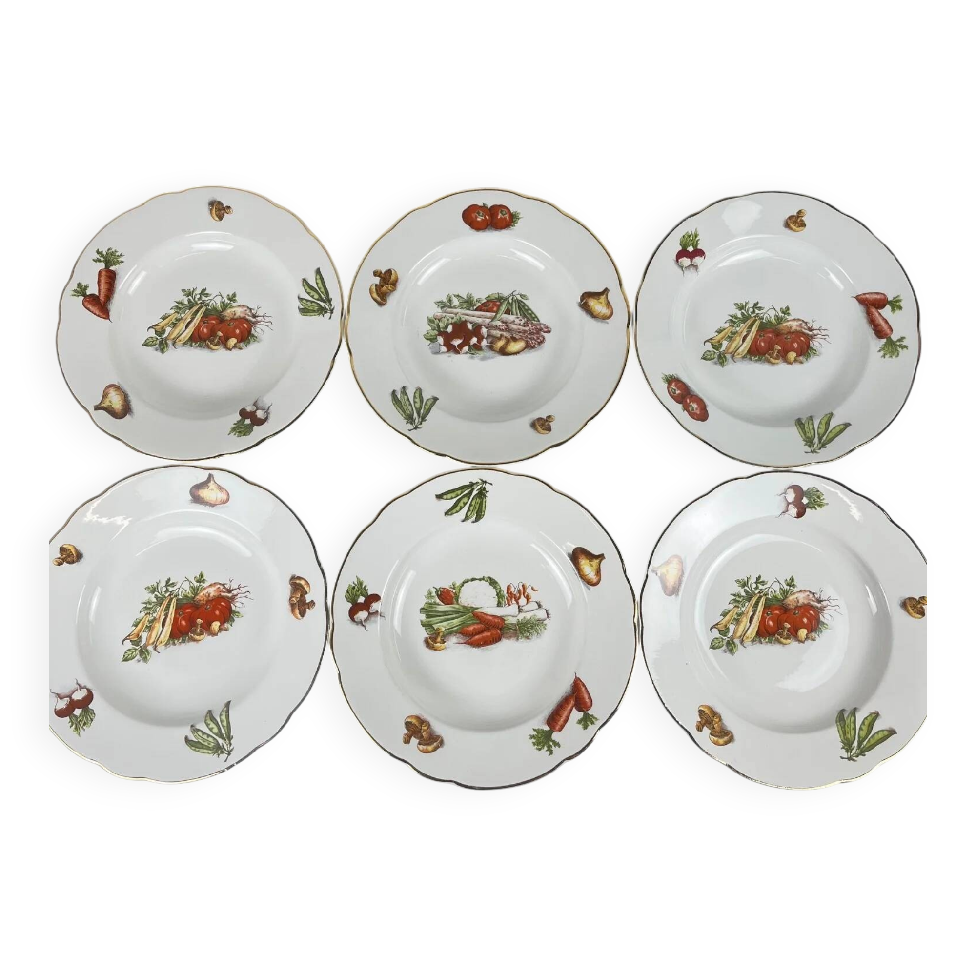 Set of 6 KG Lunéville "Le Potager" soup plates, 1950/70