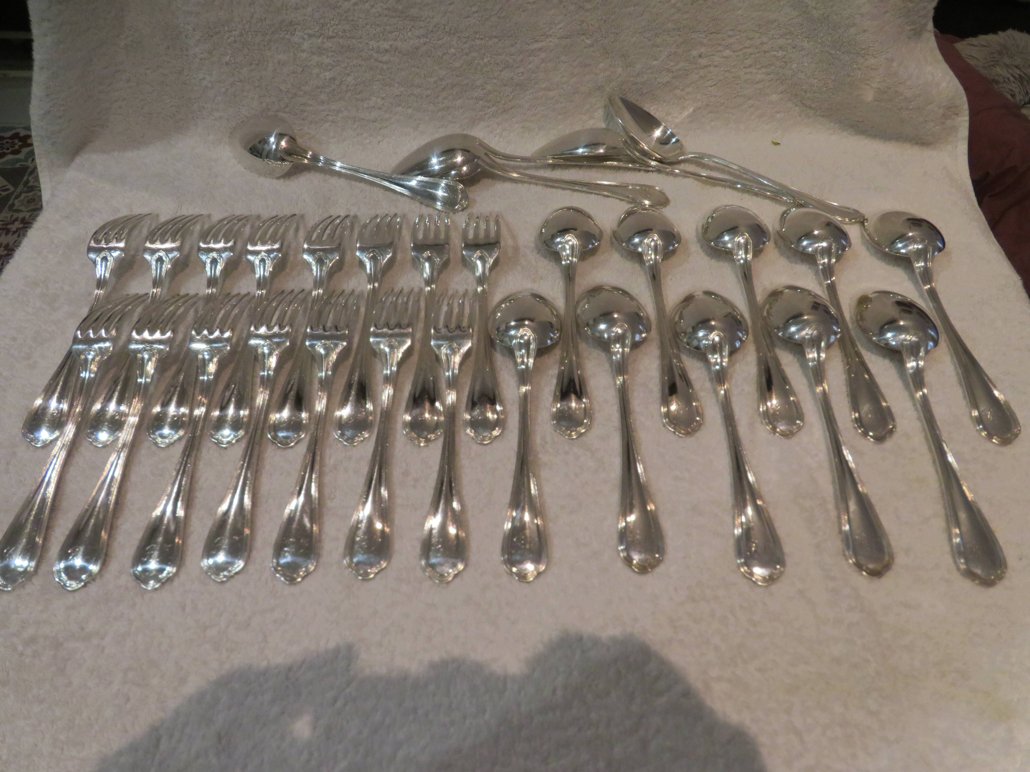 15 Christofle Spatours engraved RV 21.8cm table cutlery 30p early 20th century