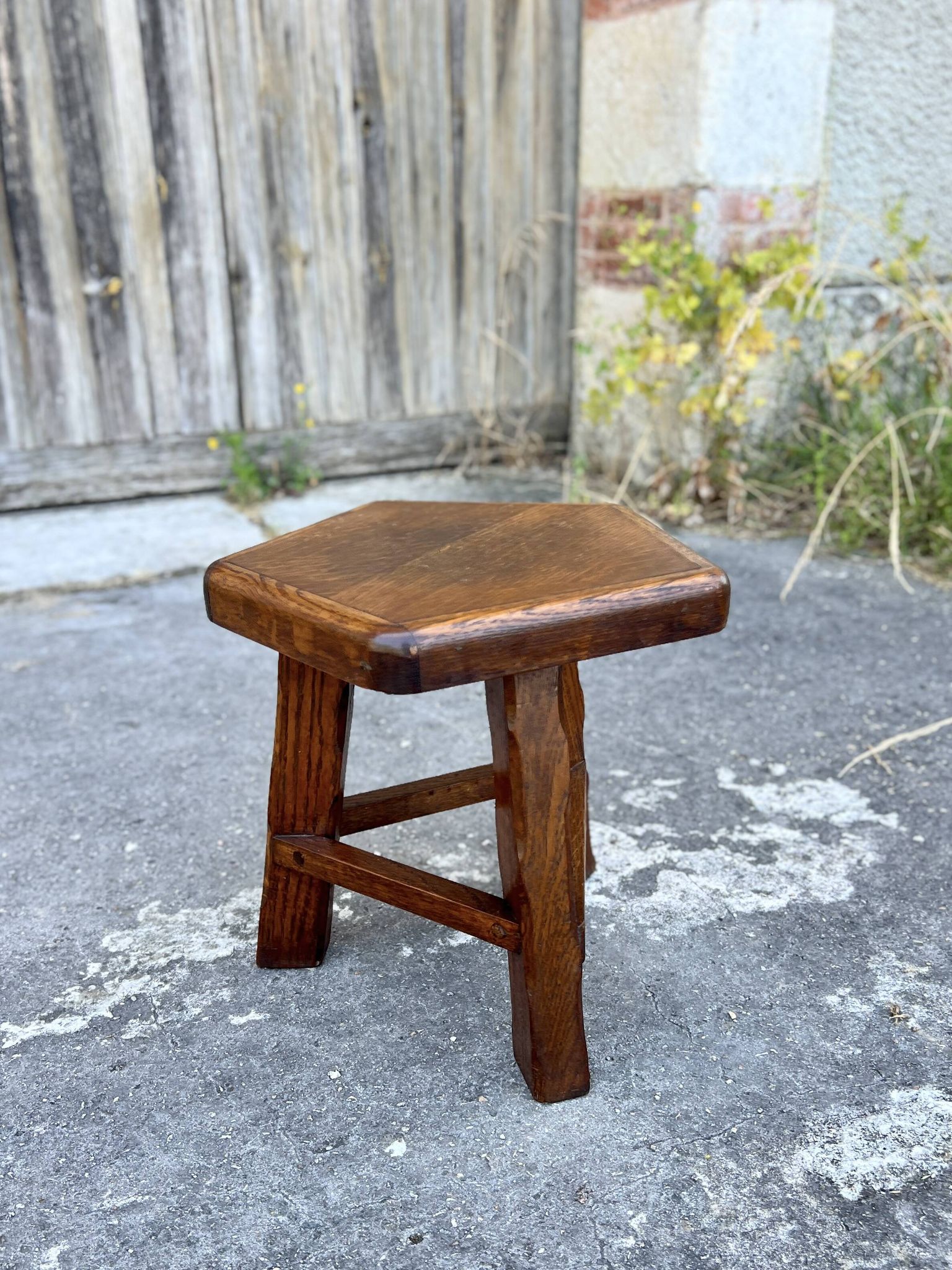 Vintage Brutalist Solid Wood Low Stool