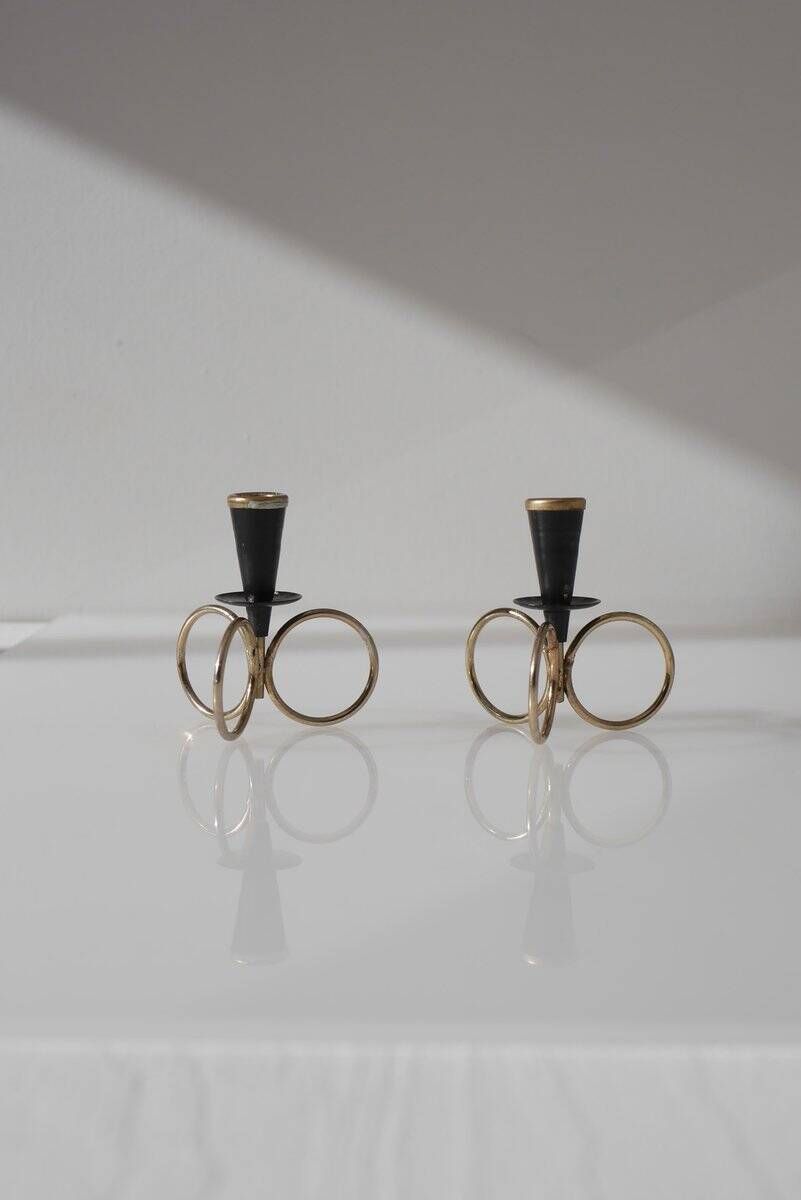 Mid-century modern metal candlestick holders by Gunnar Ander for Ystad Metal, Sweden, set of 2