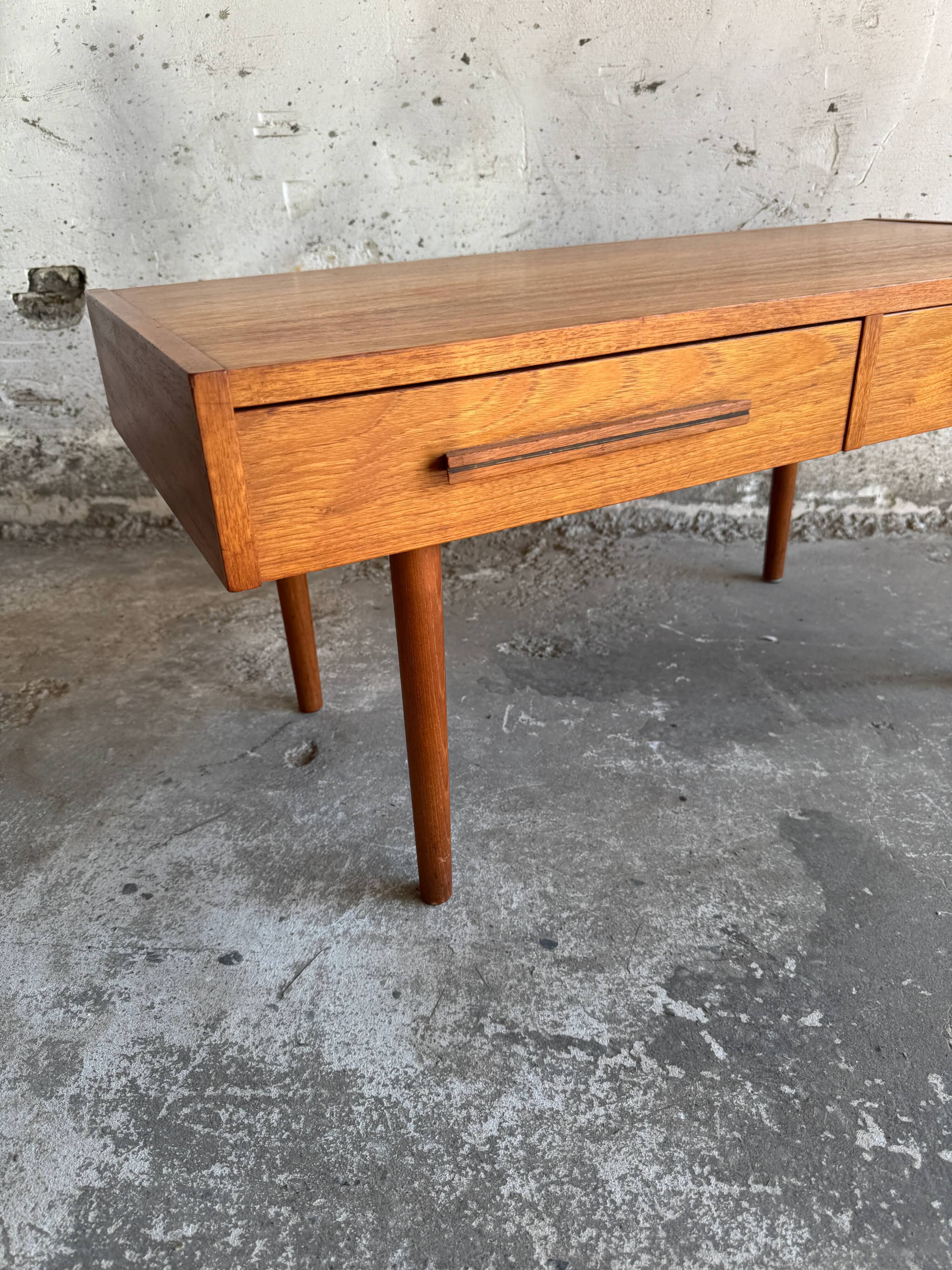 Low Danish Teak Cabinet by Millenium Design — Warm Teak Veneer, Two Drawers, Tapered Legs