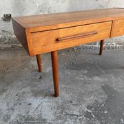 Low Danish Teak Cabinet by Millenium Design — Warm Teak Veneer, Two Drawers, Tapered Legs