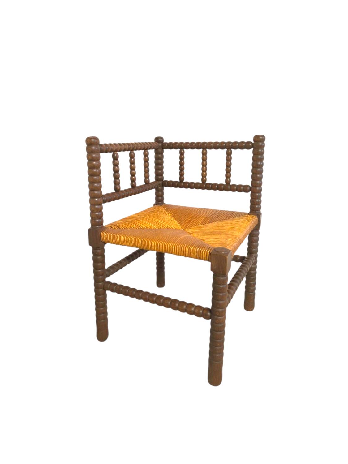 Chaise d'angle paillée et bois tourné