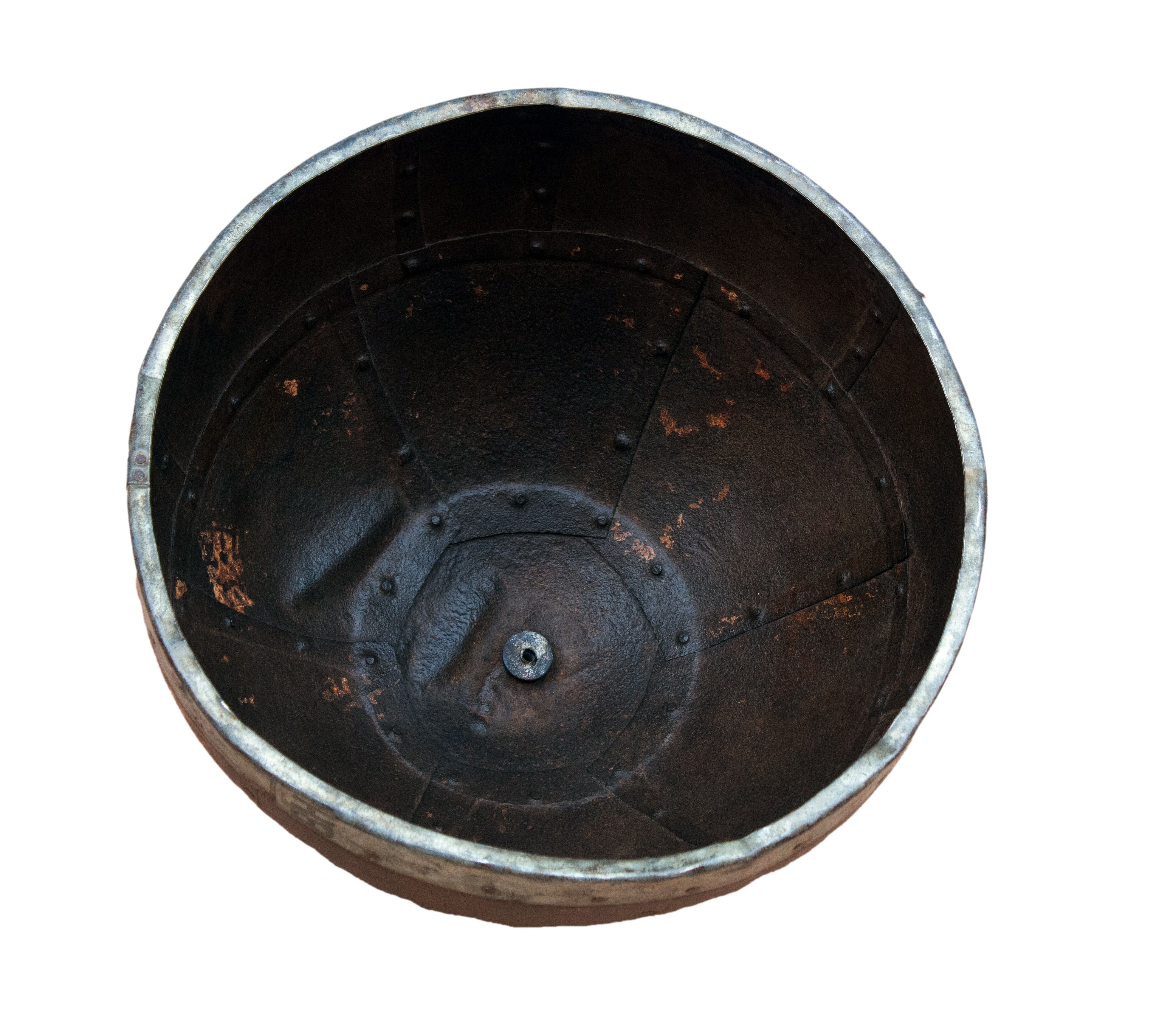 Metal hanging with its original blue-green-rust colour