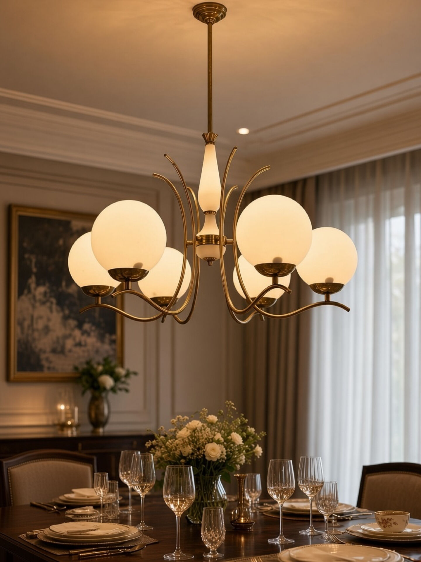 White Opaline Glass & Brass Chandelier, 1960s