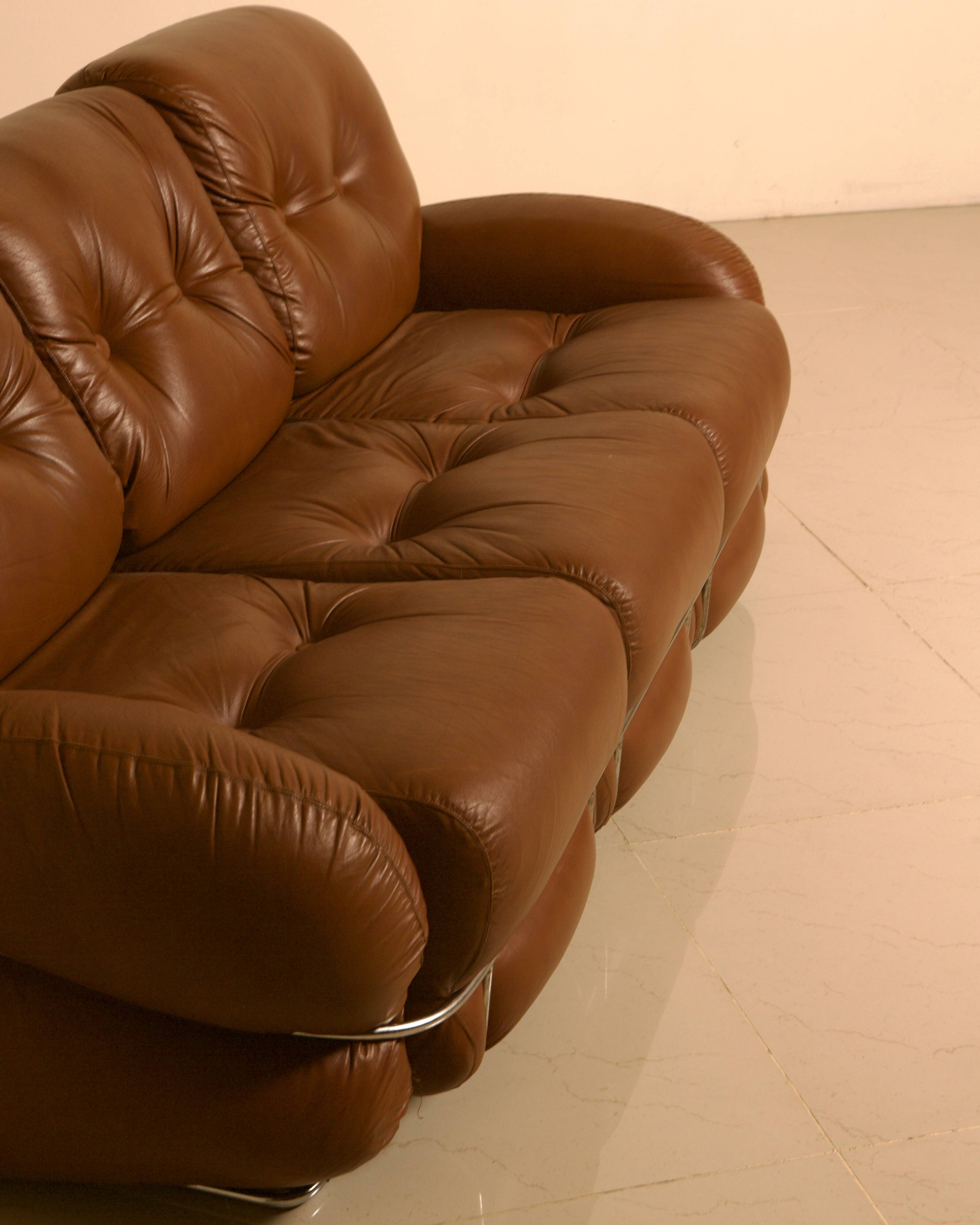 Italian brown leather "Okay" sofa by Adriano Piazzesi 70's