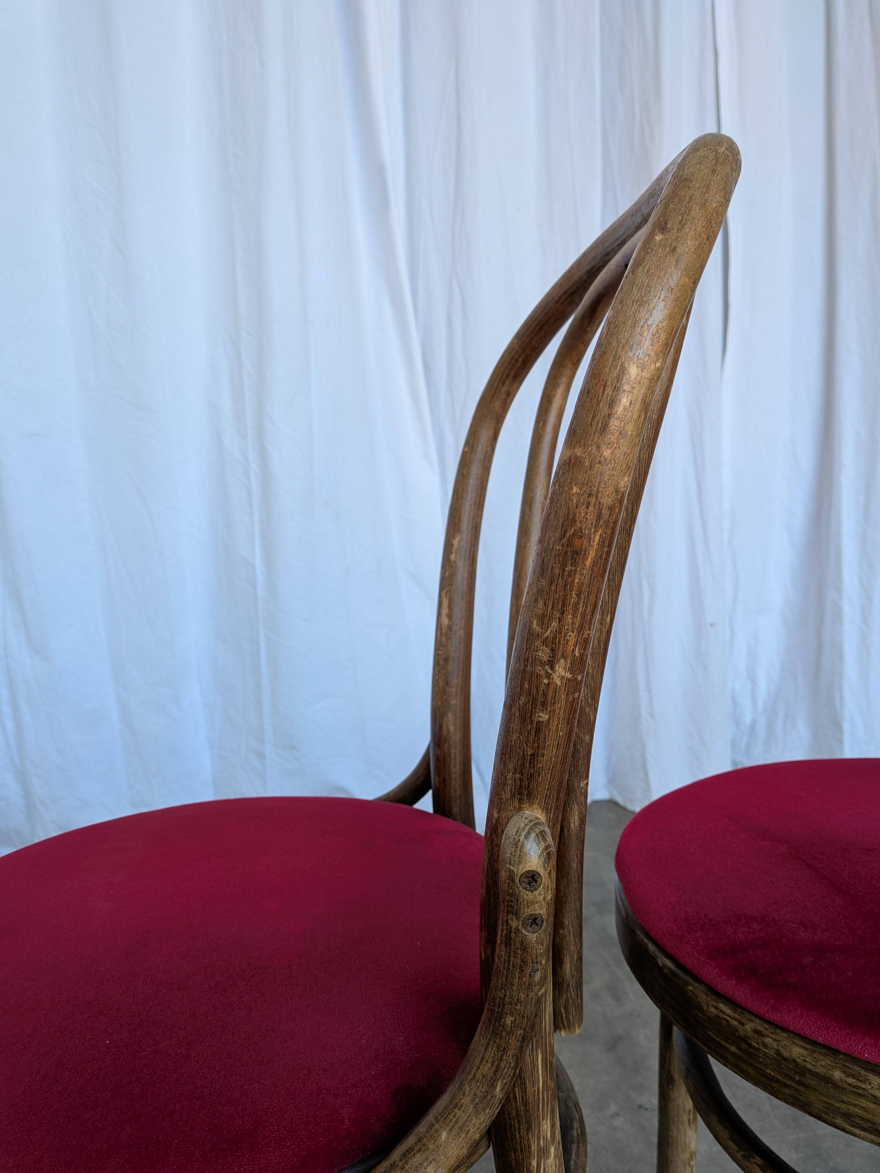 Set of 4 Vintage Bentwood Bistro Chairs, Red Upholstery