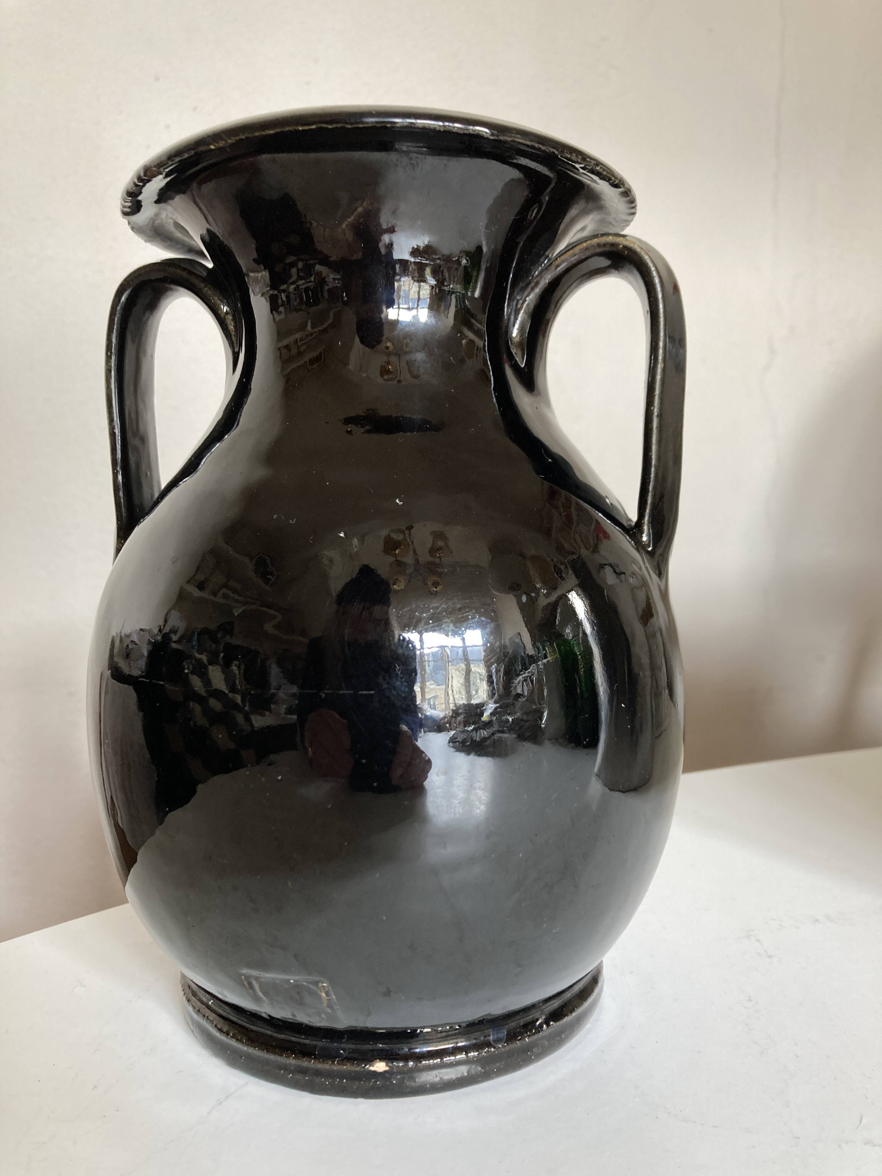 Neo-classical urn vase in black Biot glazed earth 1960