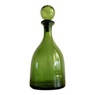 Green Glass Decanter Bottle with Round Stopper in the Style of Blenko or Empoli Glass