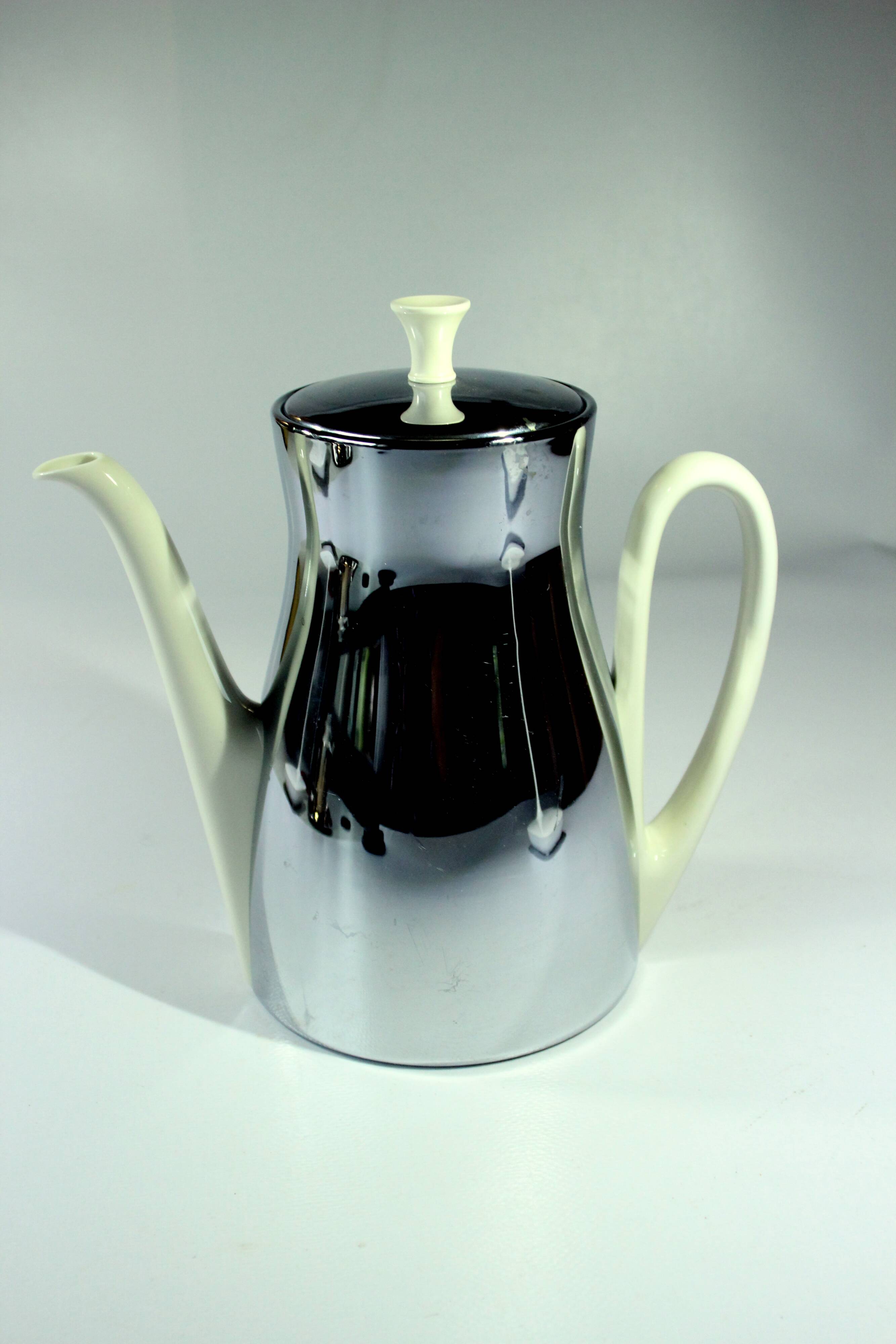 Coffee pot with metal isolated warming hood as a set with milk jug and sugar bowl, Vintage
