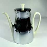 Coffee pot with metal isolated warming hood as a set with milk jug and sugar bowl, Vintage