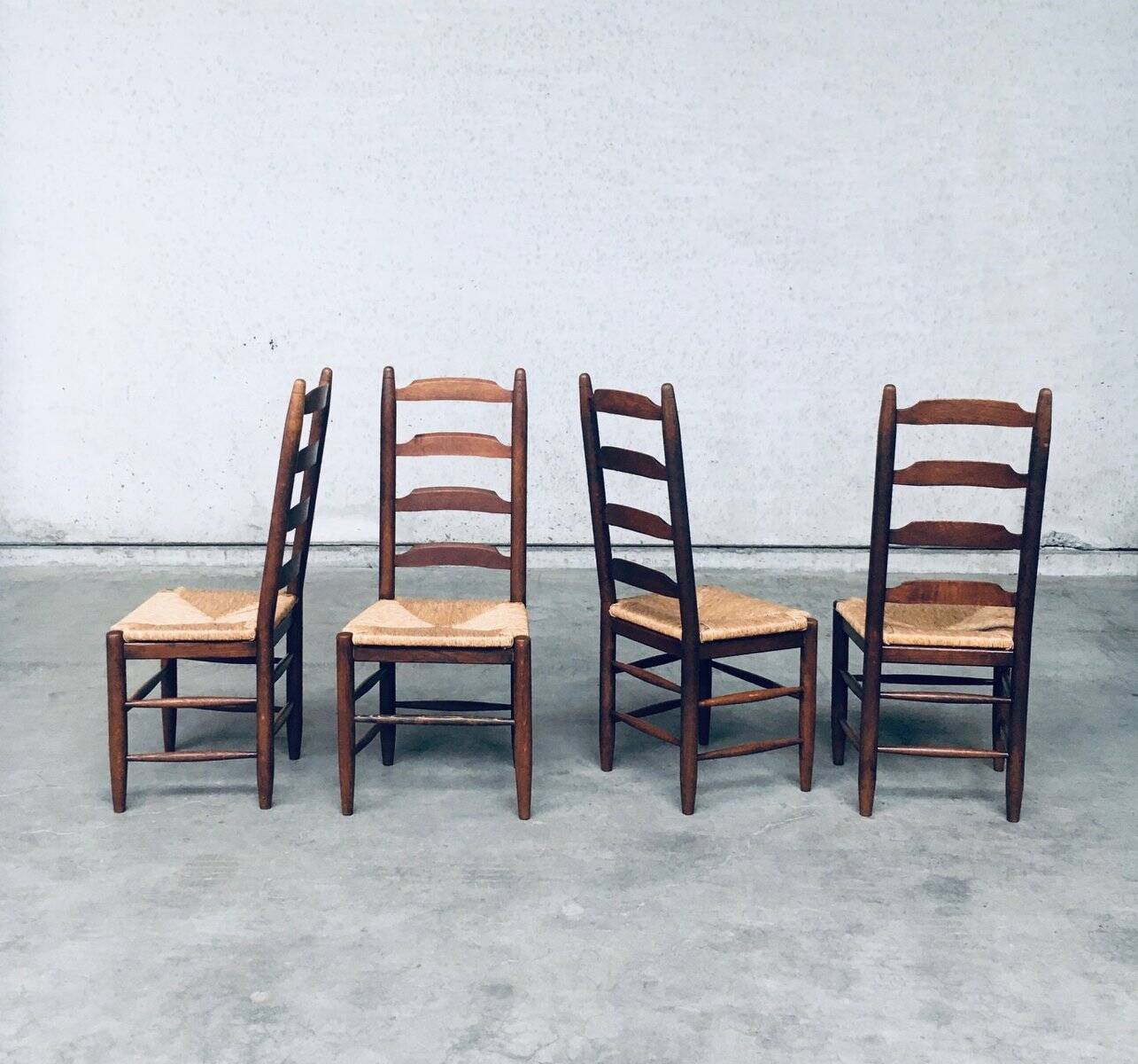 Rustic Ladder Back Oak and Rush Dining Chairs, 1960s, Set of 4