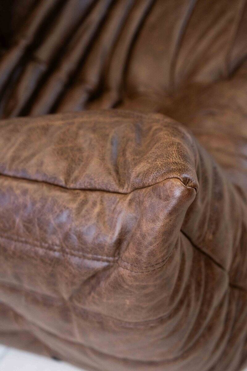 Vintage two-seater Togo sofa with arms in brown leather by Michel Ducaroy for Ligne Roset, 1970s