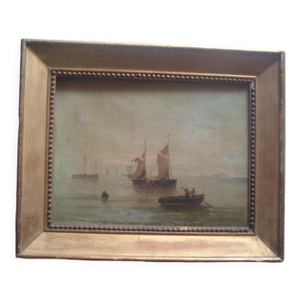 Tableau XlX marine hst signed moreno, sailing boats fishermen, frame painting oil canvas