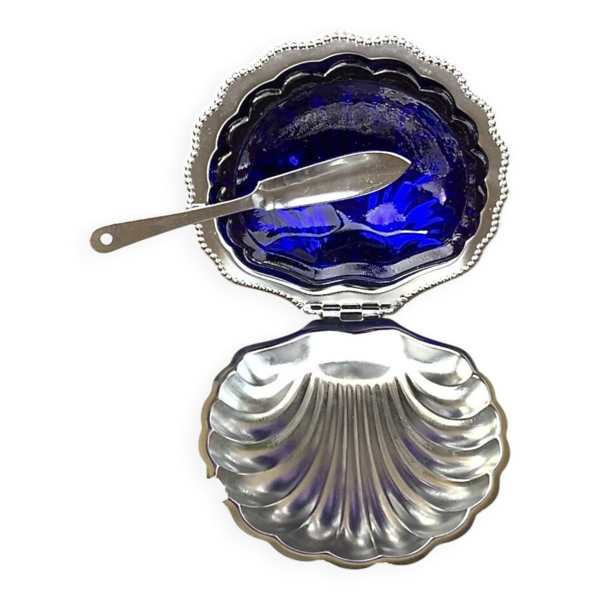 Vintage stainless steel and cobalt blue glass shell butter dish with box + knife