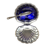 Vintage stainless steel and cobalt blue glass shell butter dish with box + knife