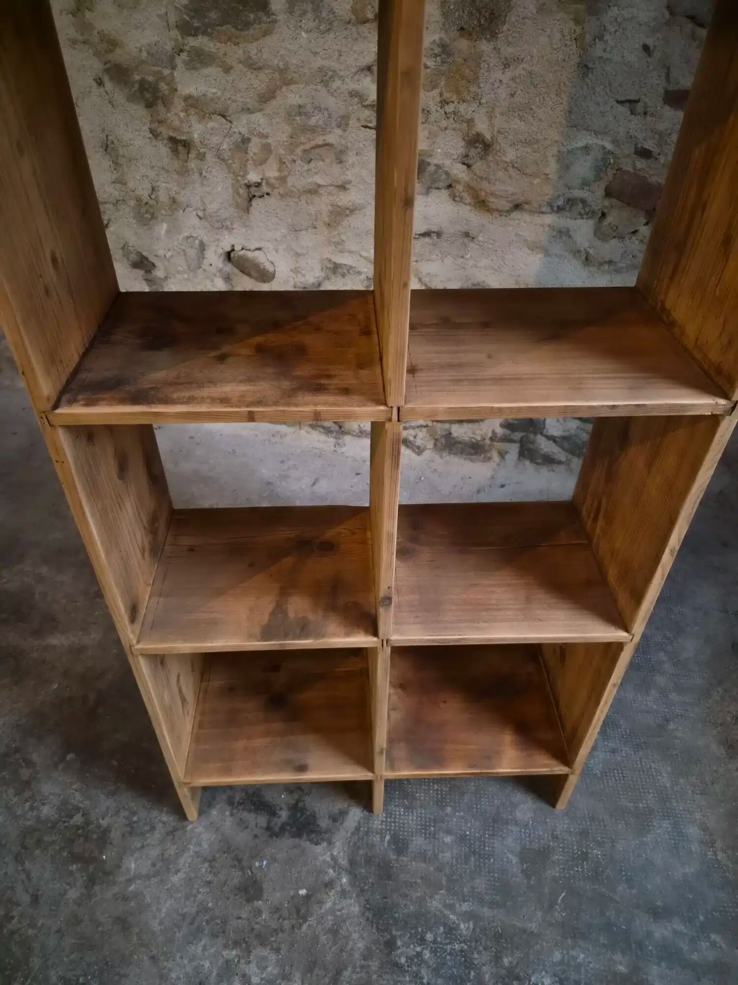 Vintage pine shelf with compartments, room divider, 1950s.
