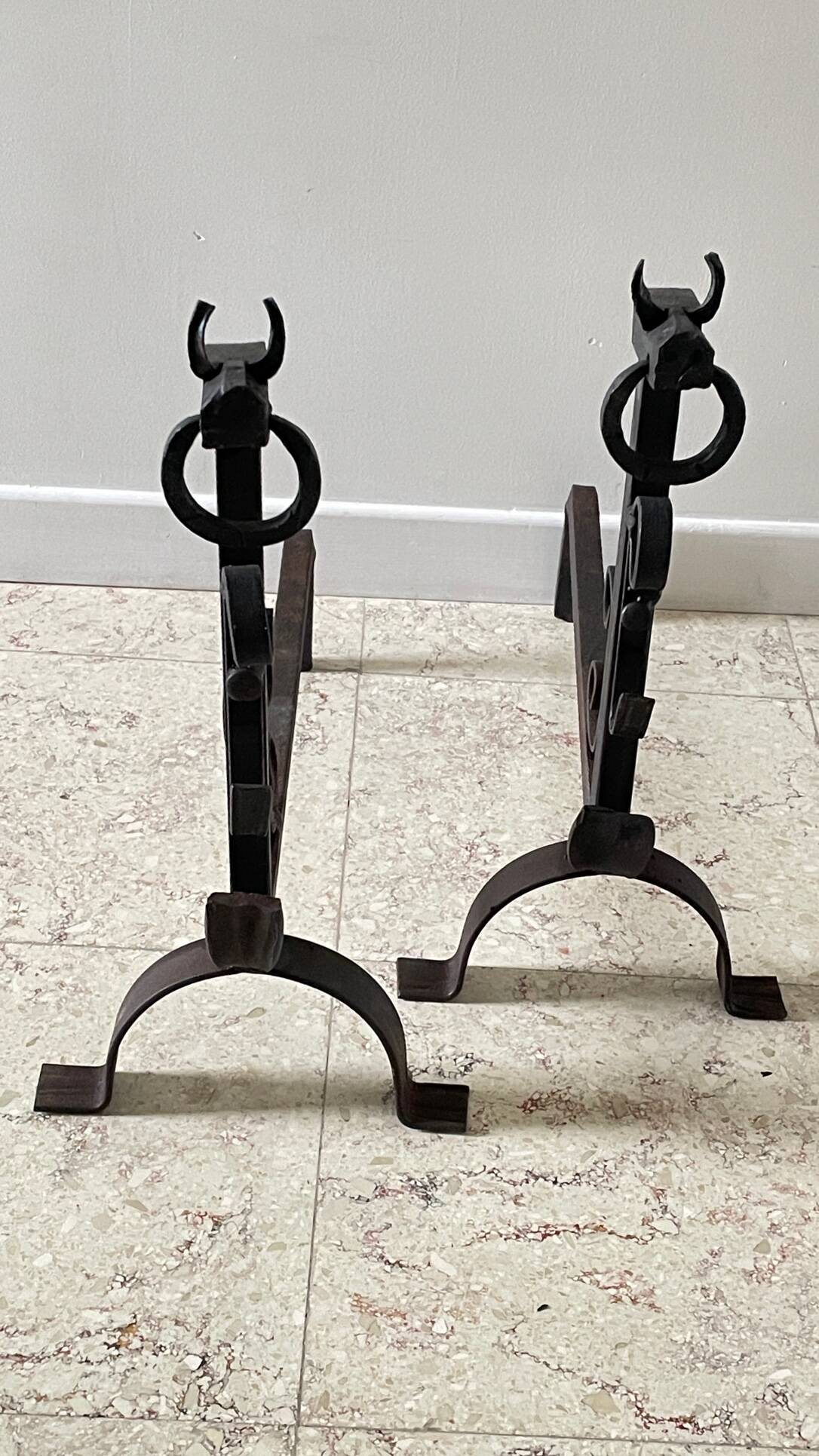 Pair of vintage steel brutalist andirons