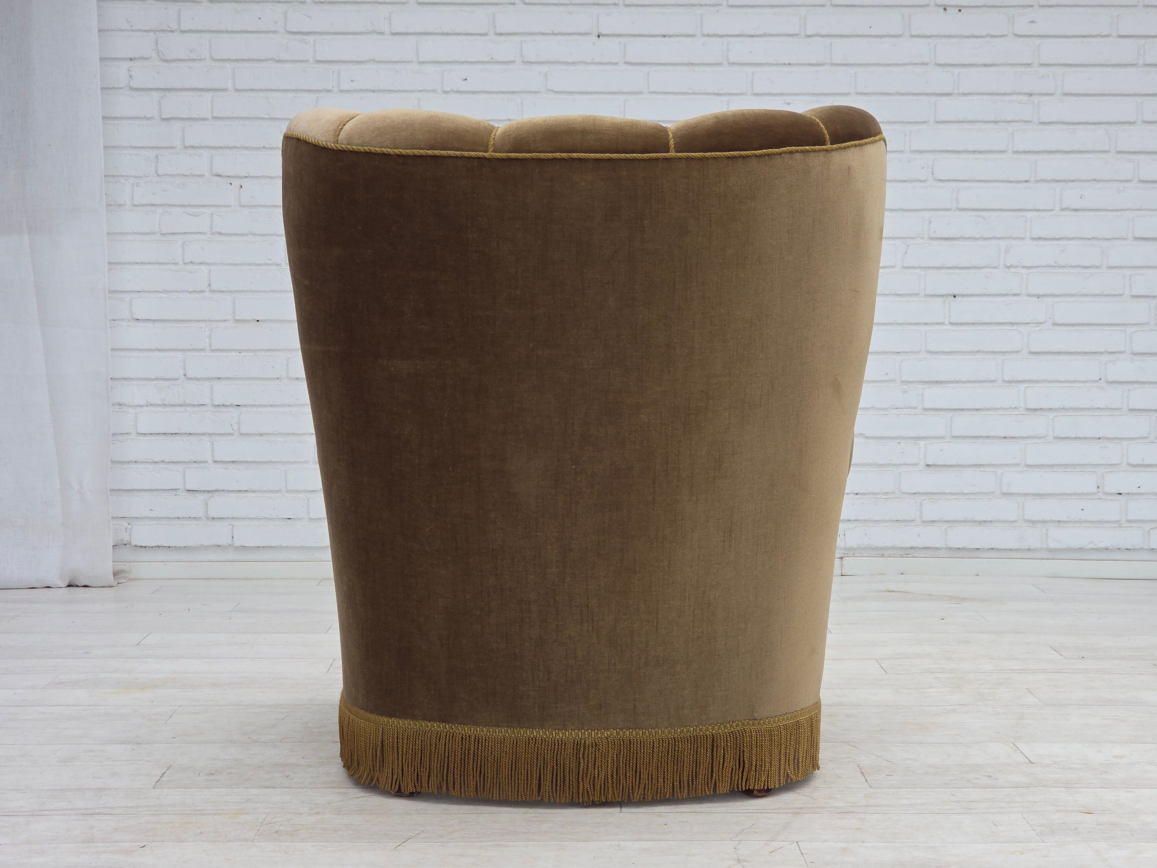 1960s, Danish relax armchair, dark green furniture velour, ash wood.