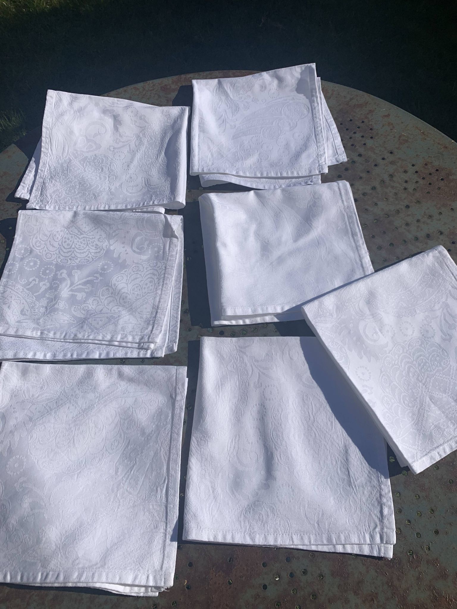 7 white damask cotton napkins, Christian Lacroix, vintage