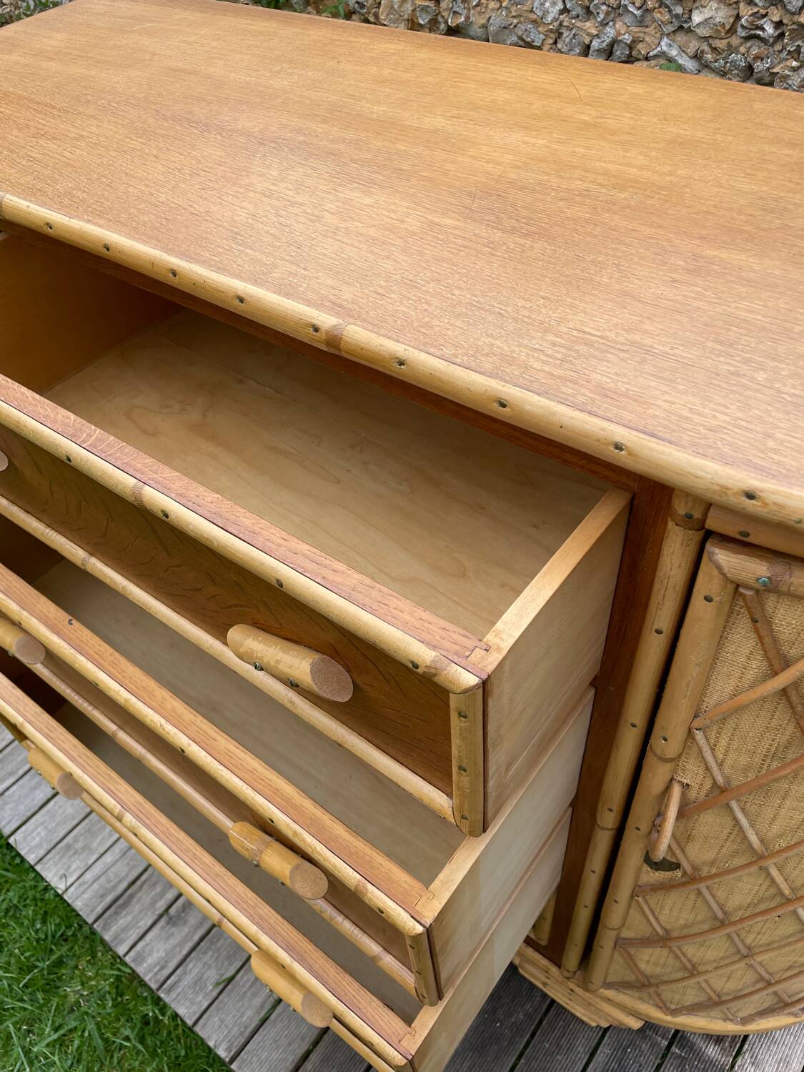 Vintage rattan and oak sideboard 1960-70