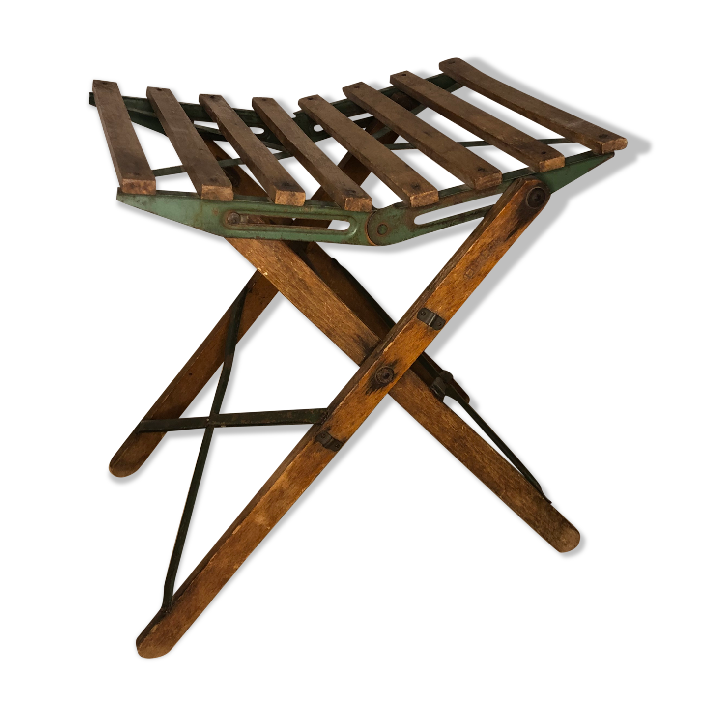 Wooden and iron slatting stool