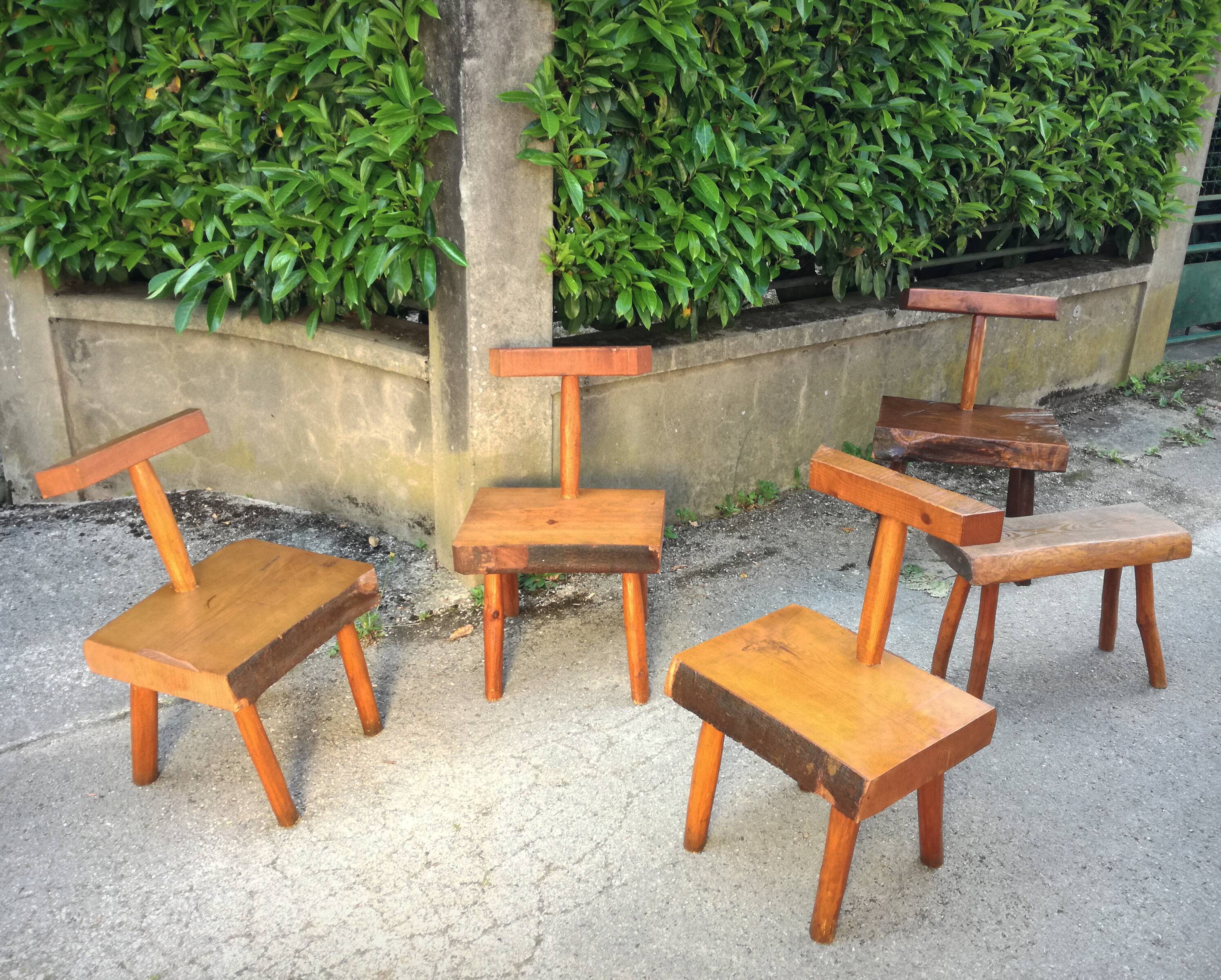 Brutalist handcrafted chairs, France, 1960s, set of 5