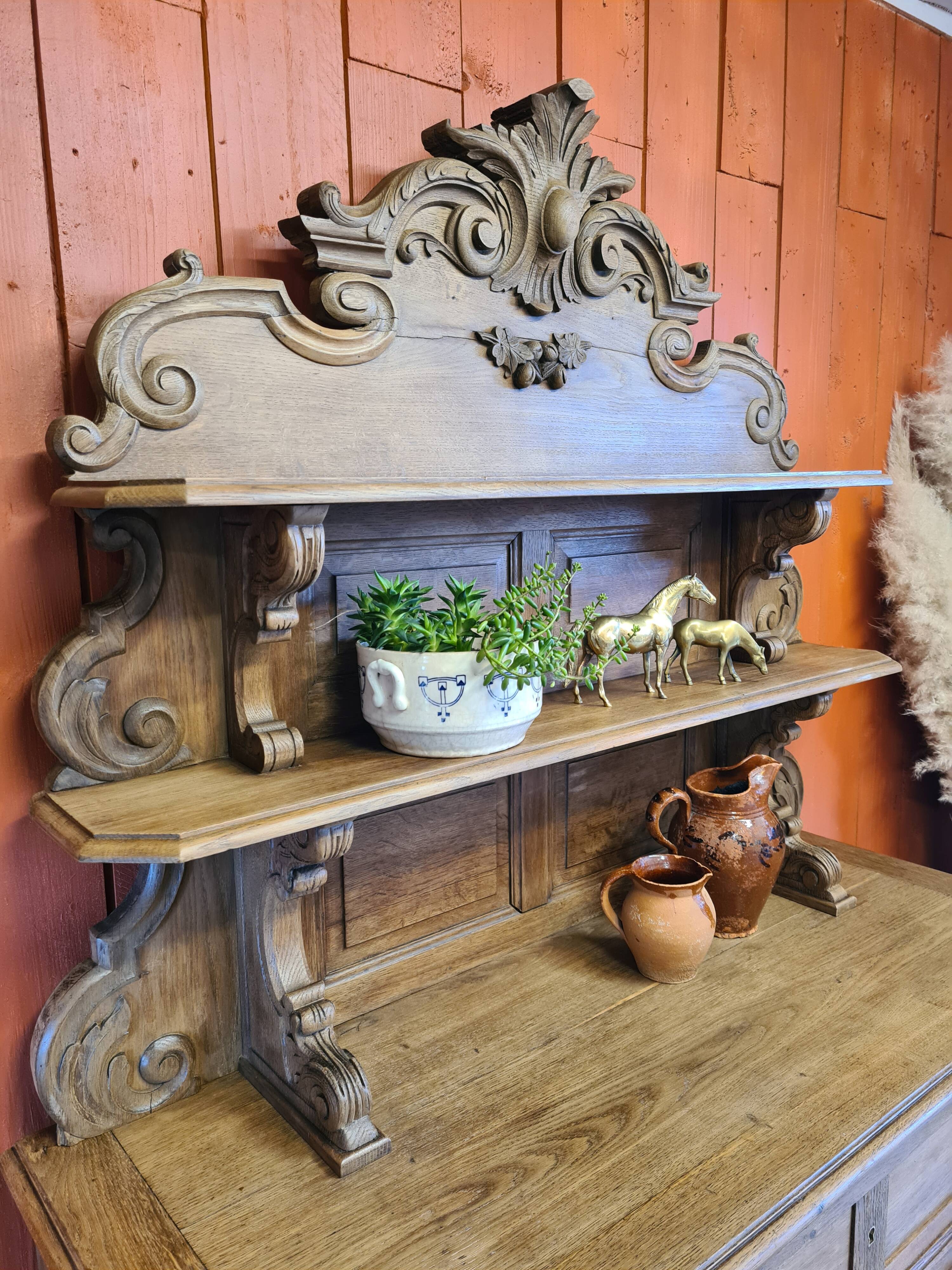 Saint Hubert oak cabinet with sculptures completely renovated