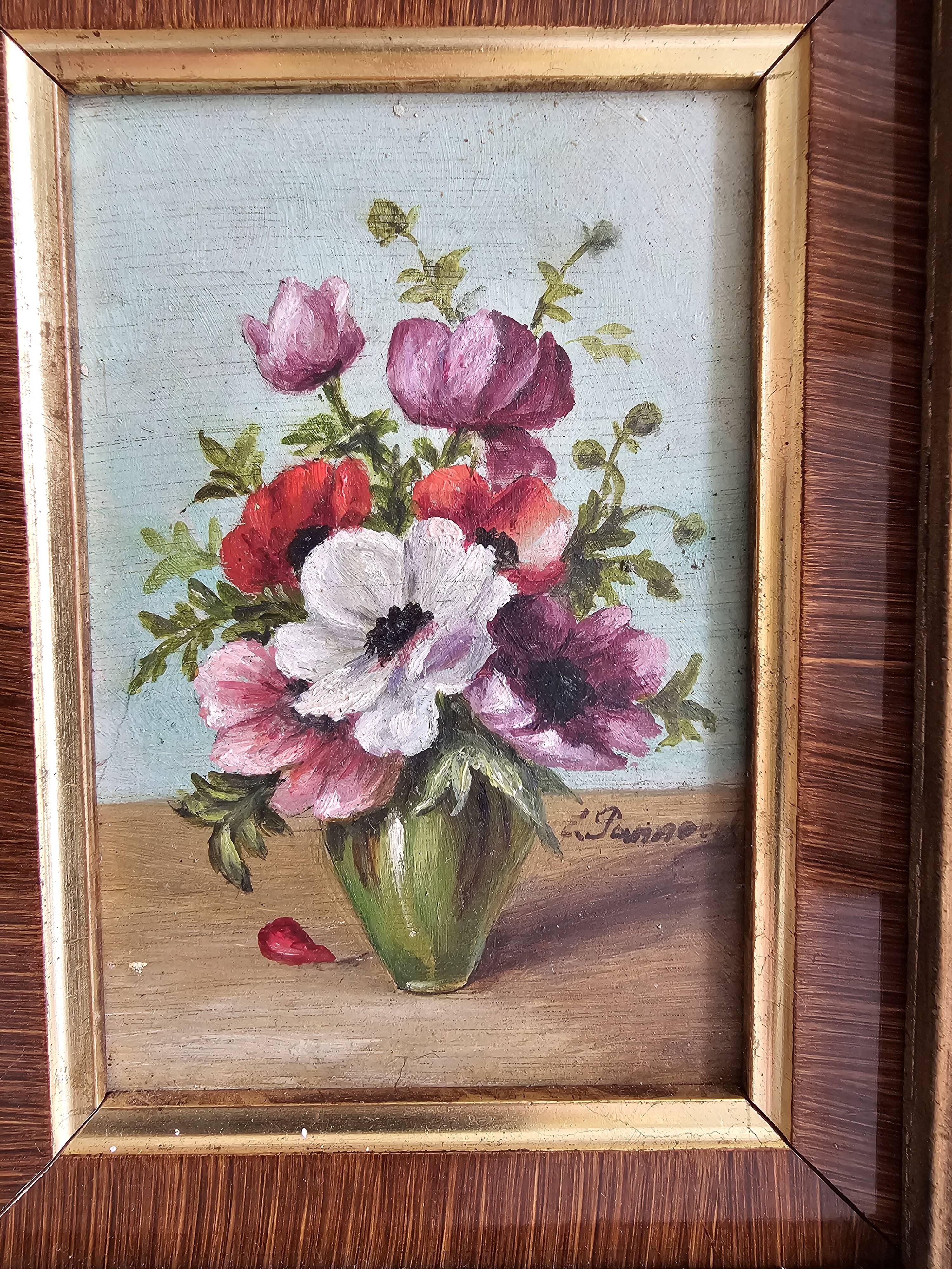 Tableau Oil on Wood - Bouquet of Polychrome Flowers Signed in Soft Frame