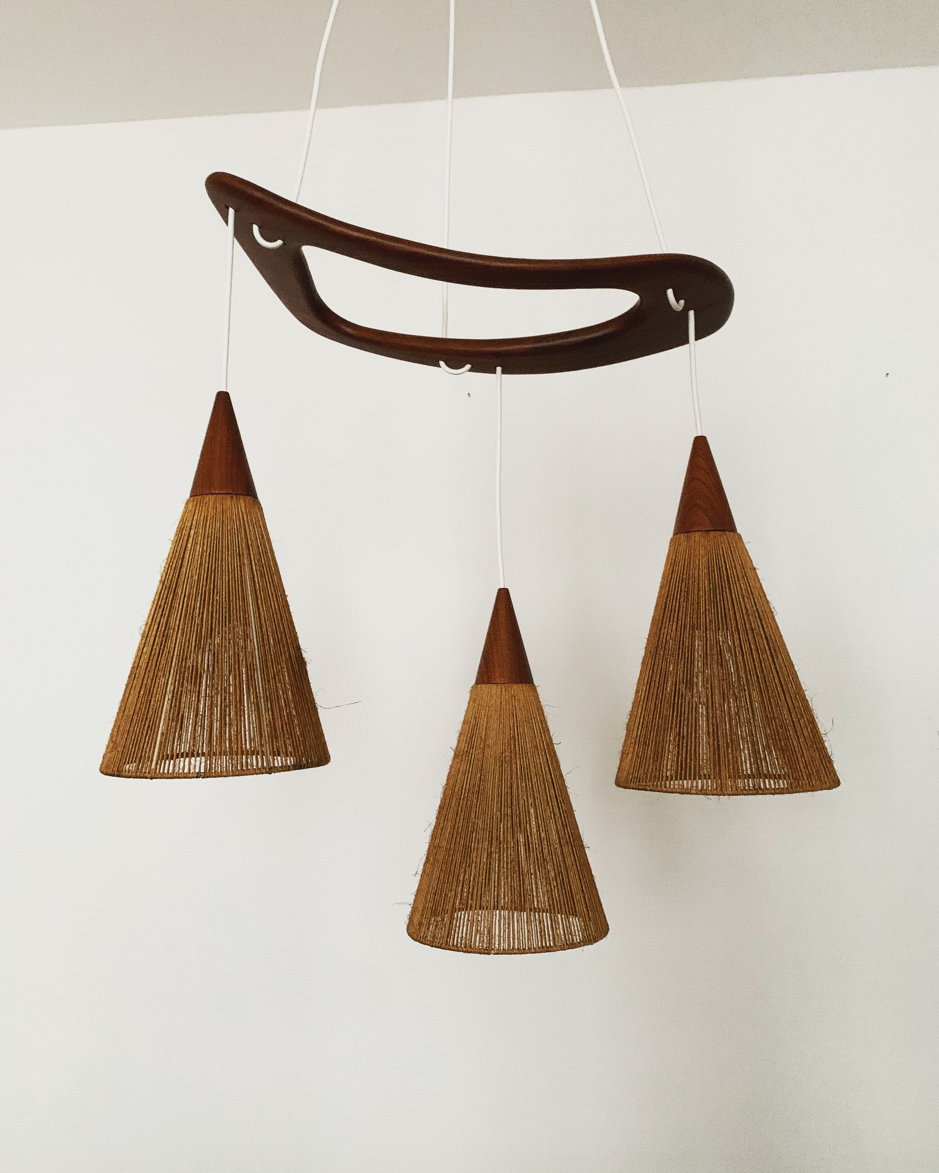Teakwood and raffia bast cascading lamp by Rispal