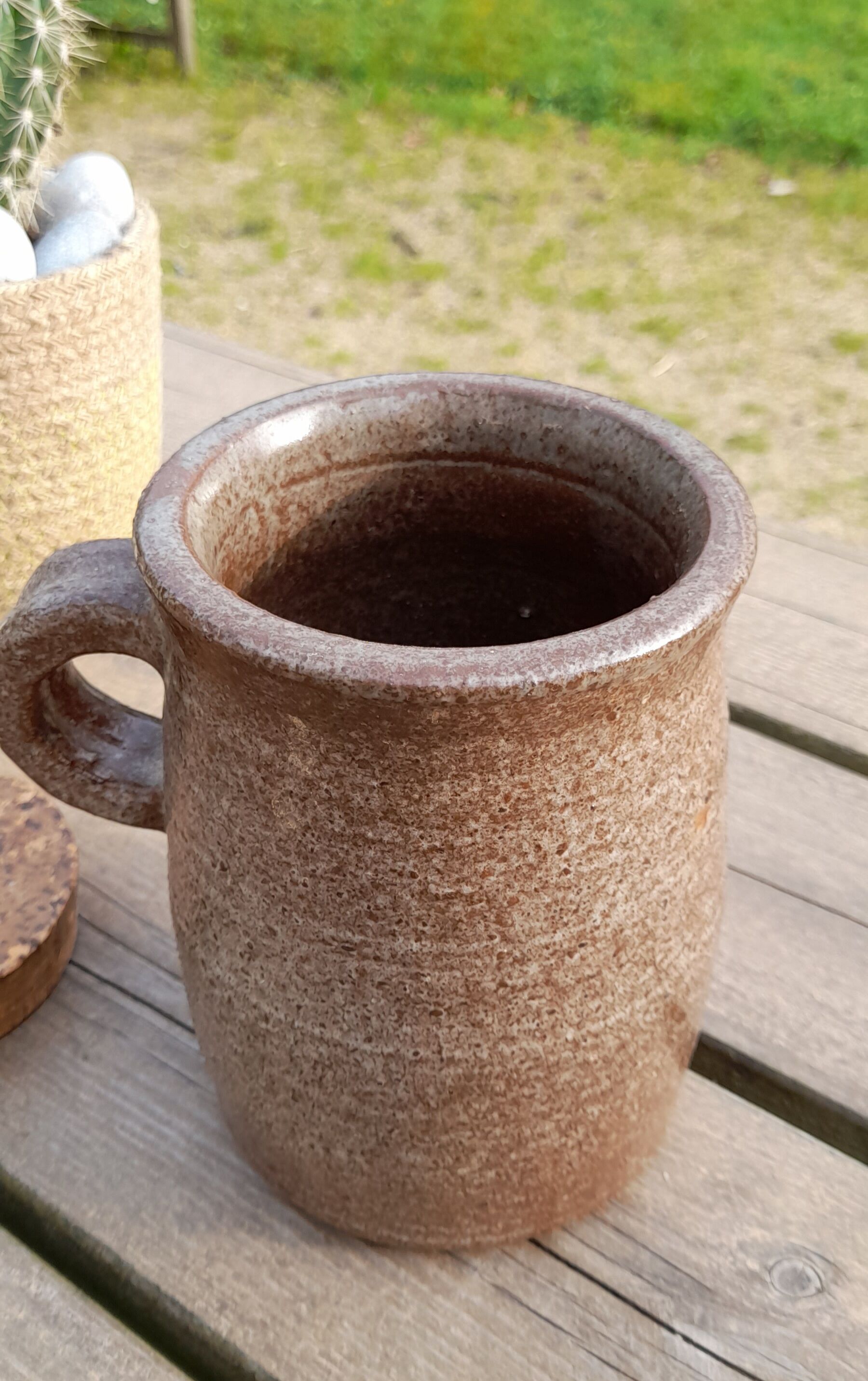 Old condiment pot in glazed pyrity sandstone, with cork lid, mid century