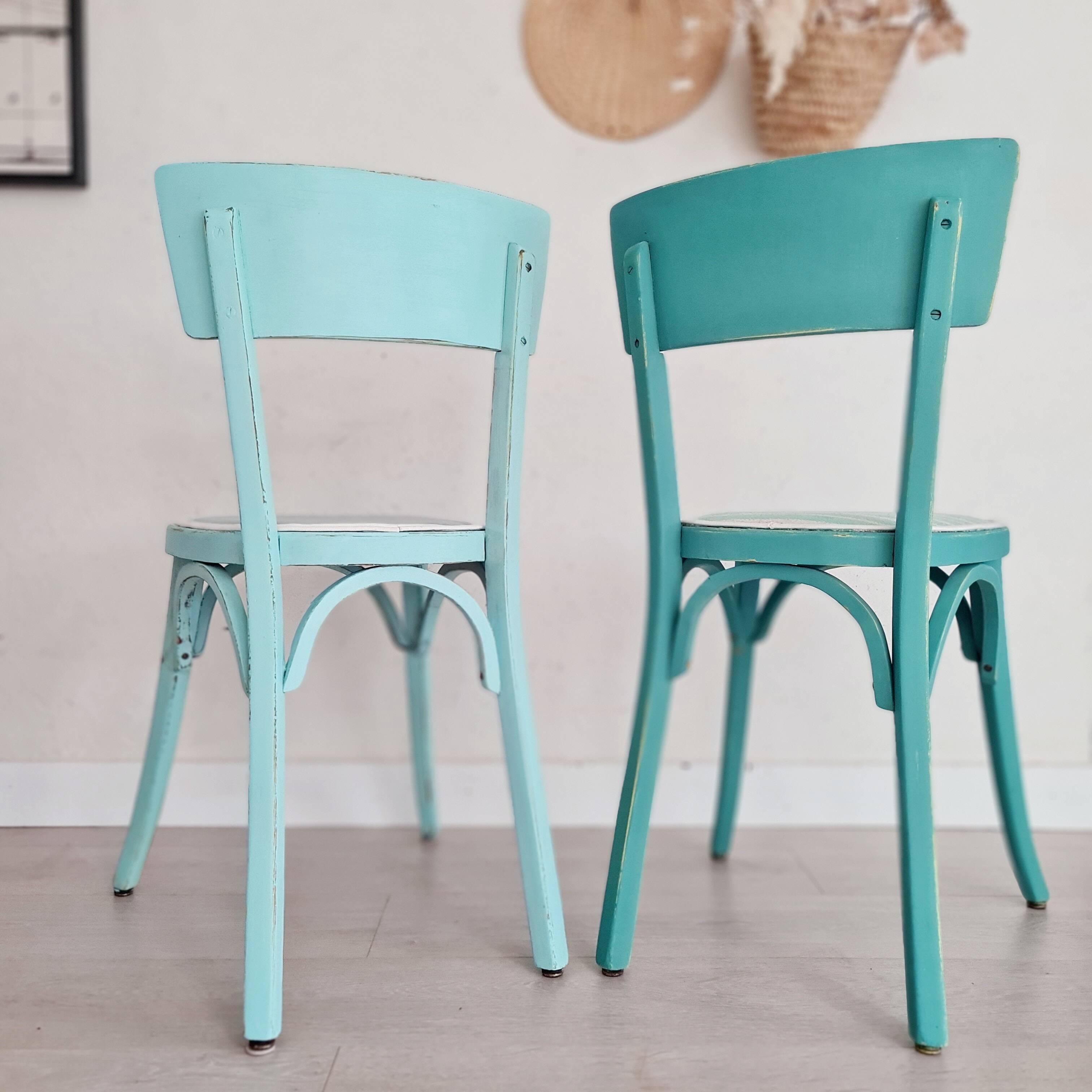 Paire de chaises bistrot - bleues rayures et velours