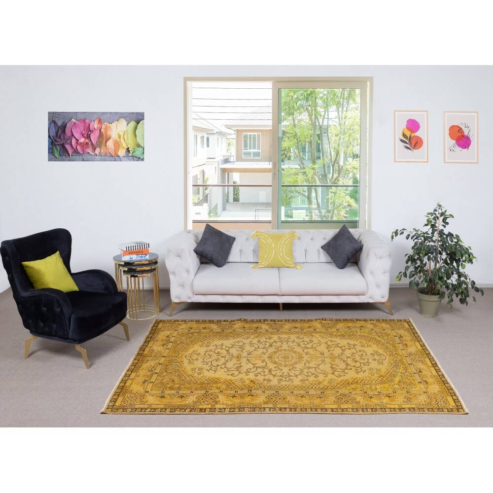 Yellow Overdyed Vintage Turkish Area Rug. Hand-Knotted Wool Carpet for Modern Interiors