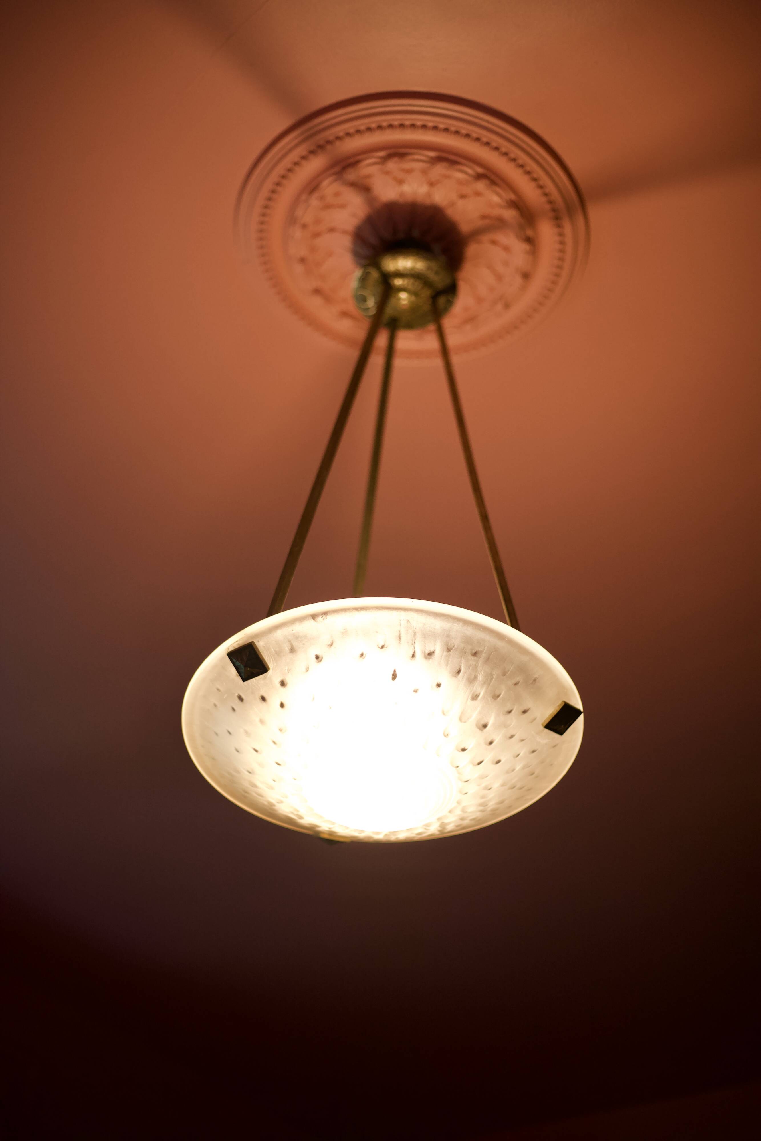 Chandelier signed Muller Frères Lunéville, Art Deco suspension, nickel-plated bronze chandelier, ceiling lamp,