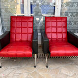 Pair of vintage armchairs in red and black Skai