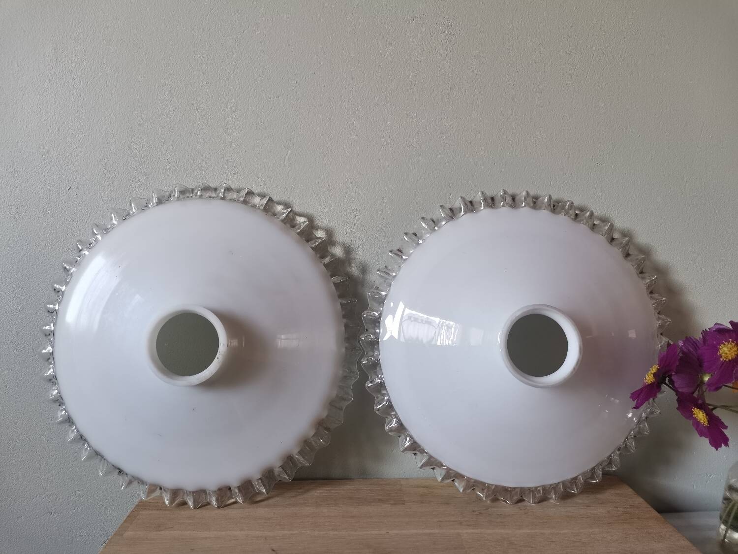 Set of 2 vintage pendant lampshades in wavy white opaline glass
