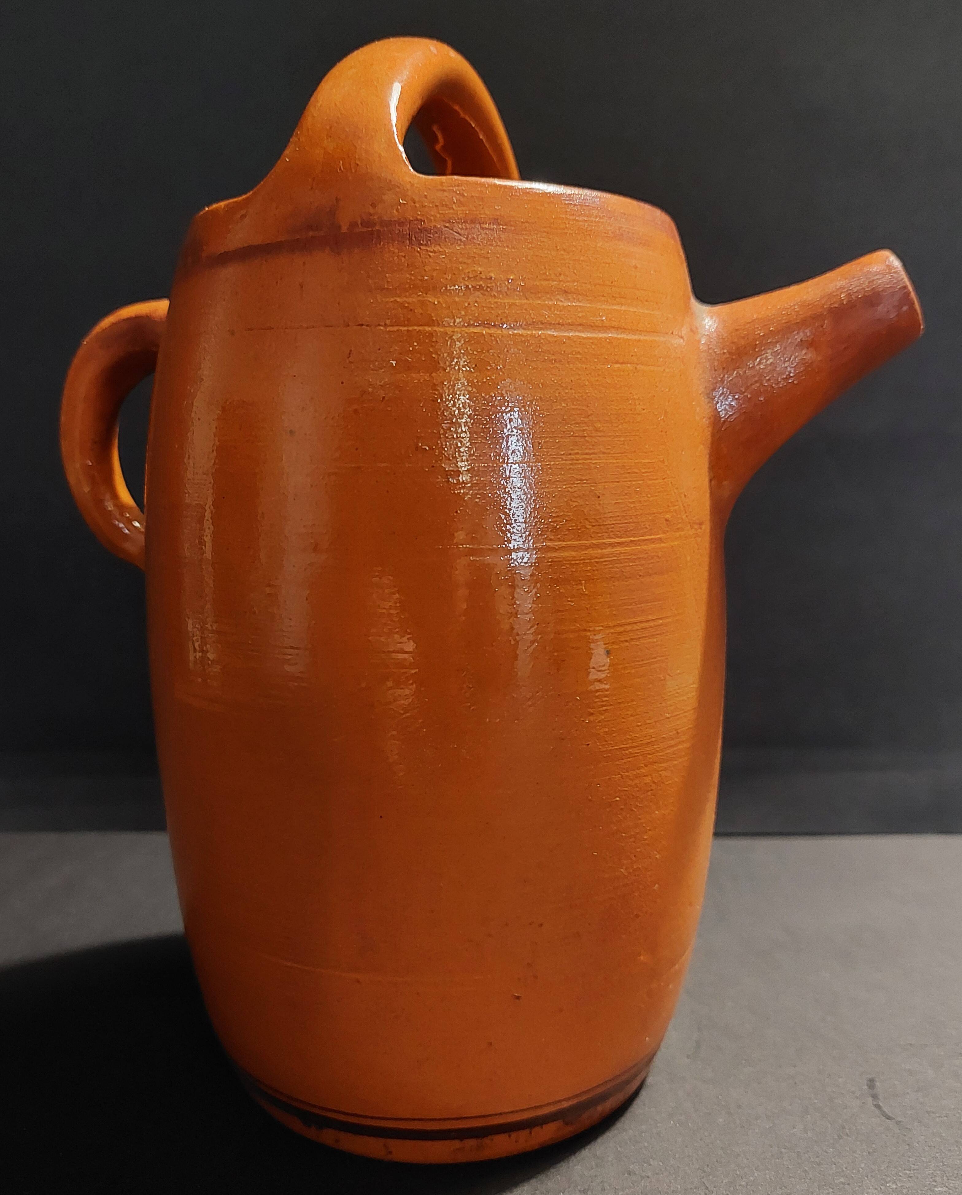 20th century ceramic chevrette enameled terracotta jug signed CM