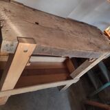 Old homemade vintage solid wood workbench with press and drawer