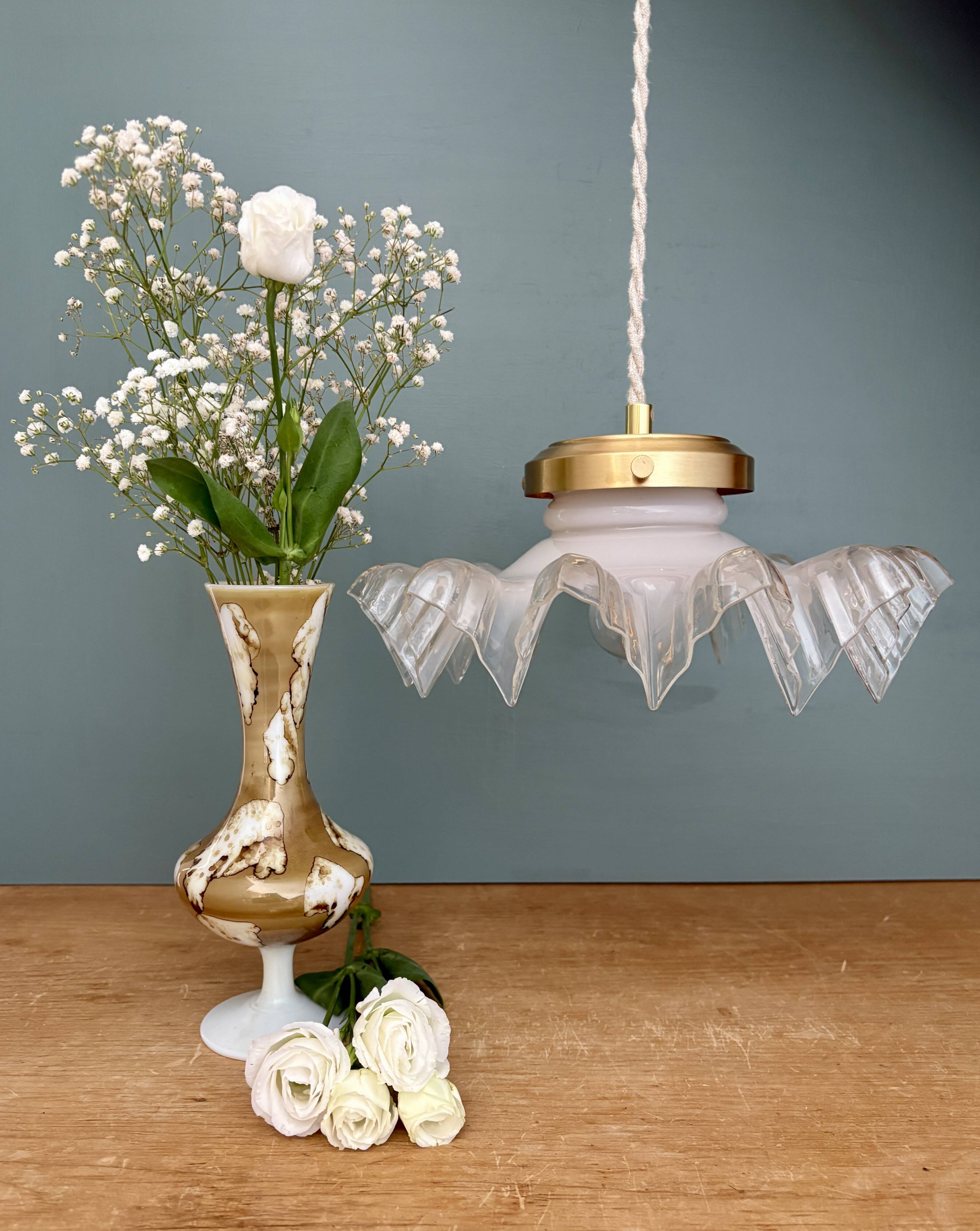 Vintage lace glass pendant lampshade, half white, half transparent