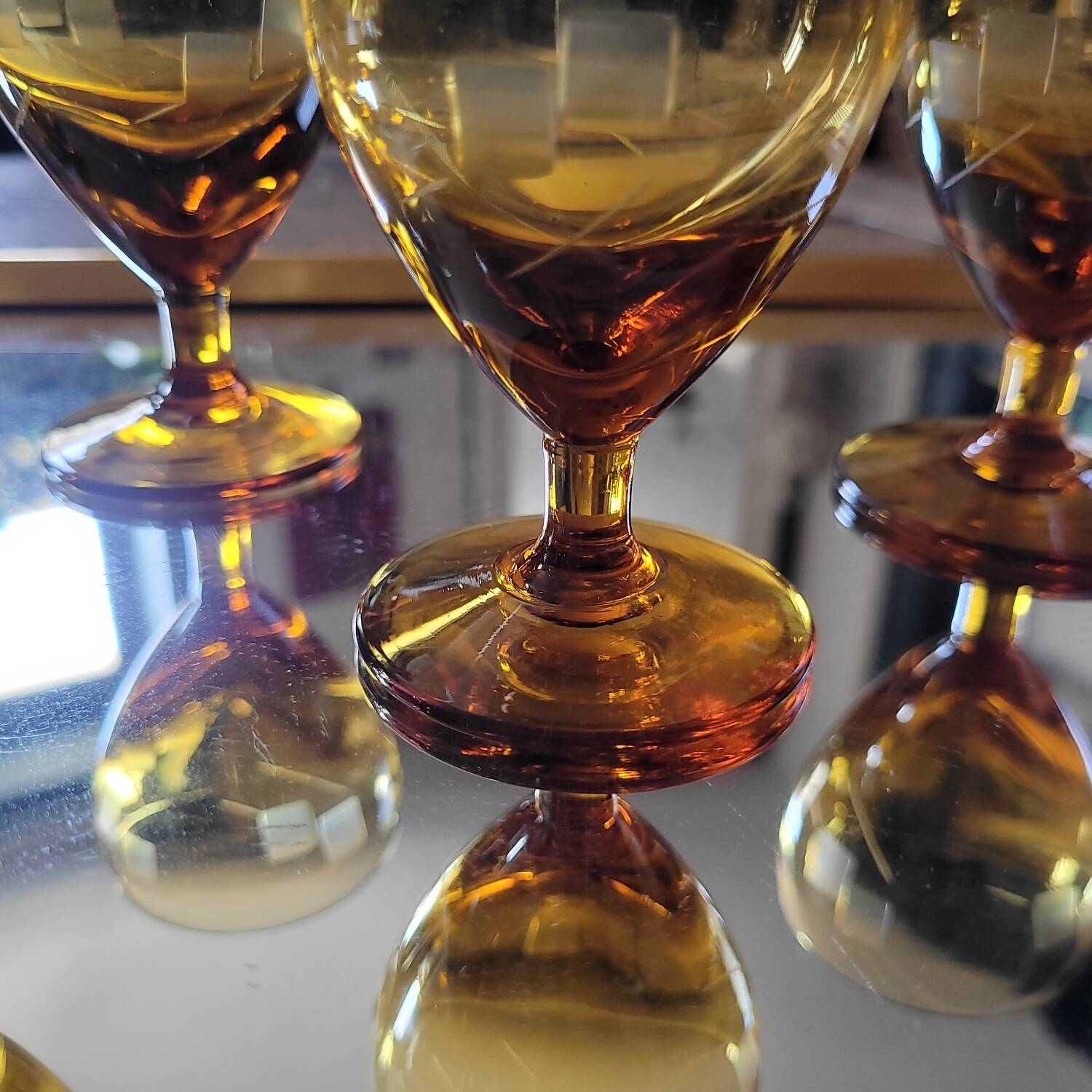 5 amber stemmed glasses – 1960s