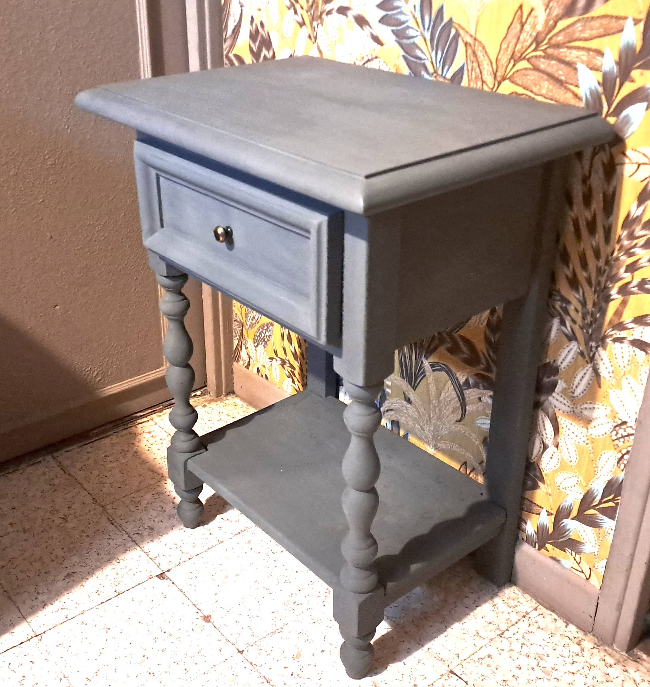 Restored 1900 bedside table in solid wood painted in Gustavian grey